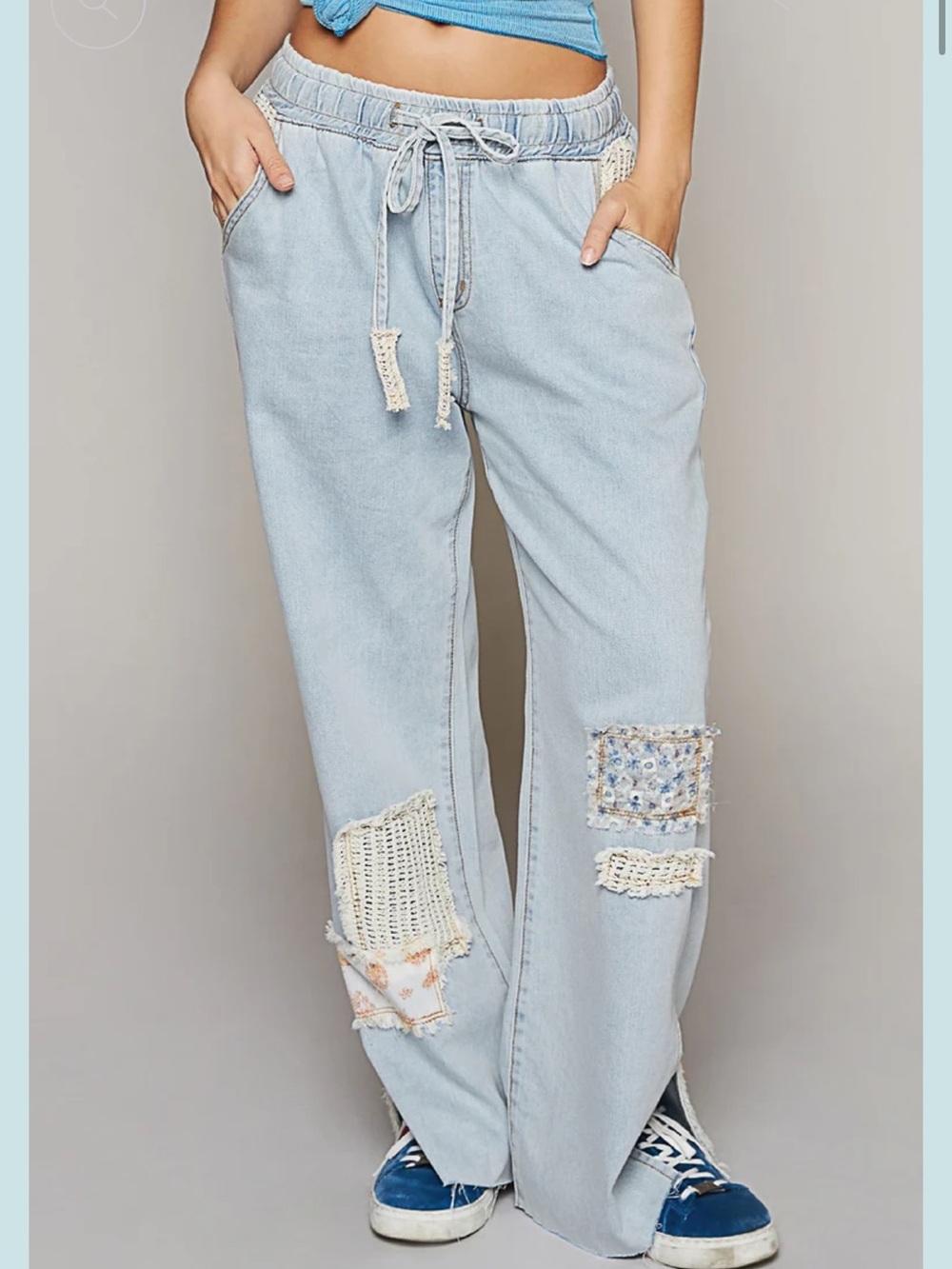 POL Light Blue Patchwork Drawstring Wide-Leg Jeans